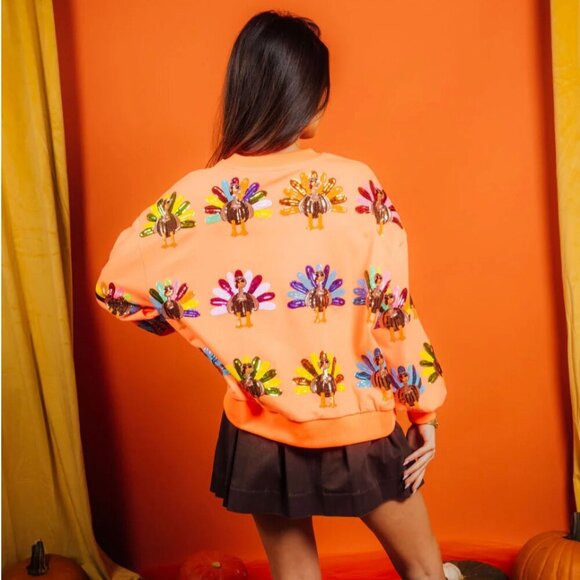 Queen of Sparkles Neon Orange Turkey Sweatshirt - Picture 2 of 4